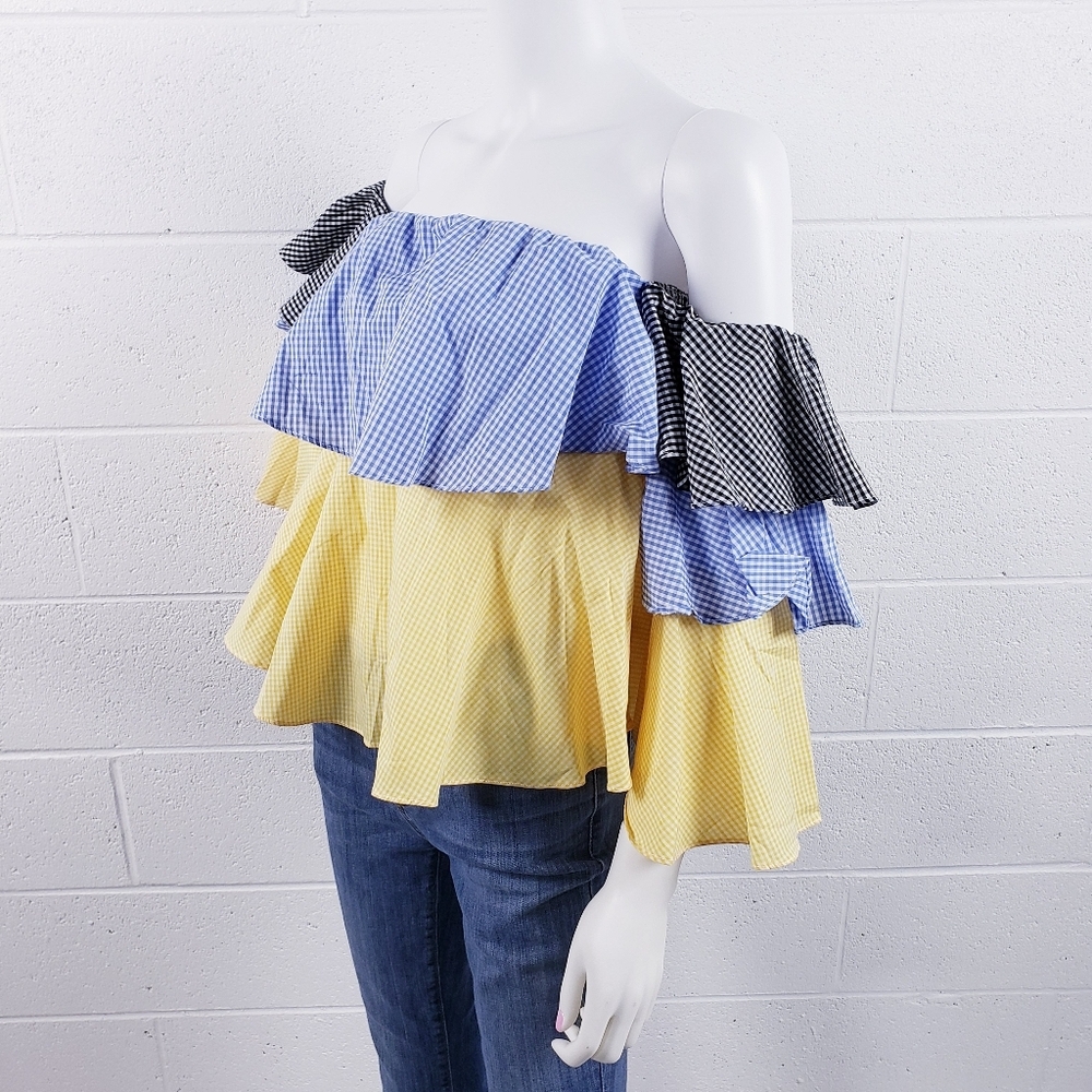 StyleKeepers Virgo Gingham Off The Shoulder‎ Tiered Ruffle Blouse Size Small